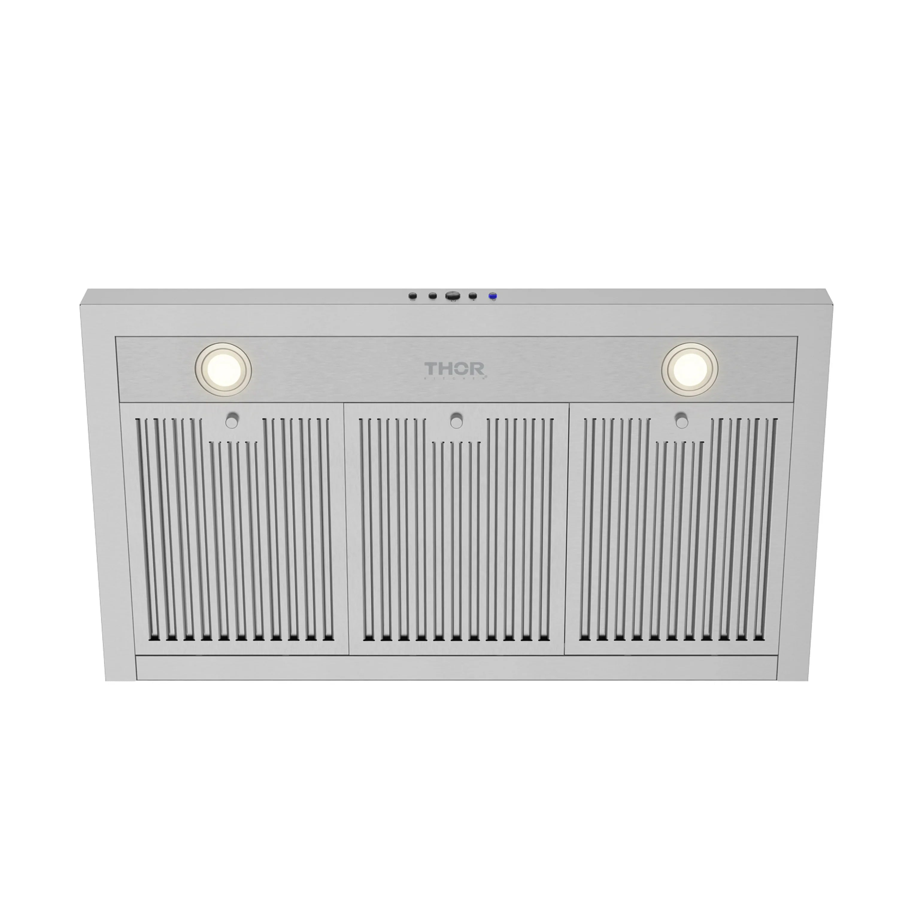 Stainless steel range hood front with three vent sections and two round light fixtures