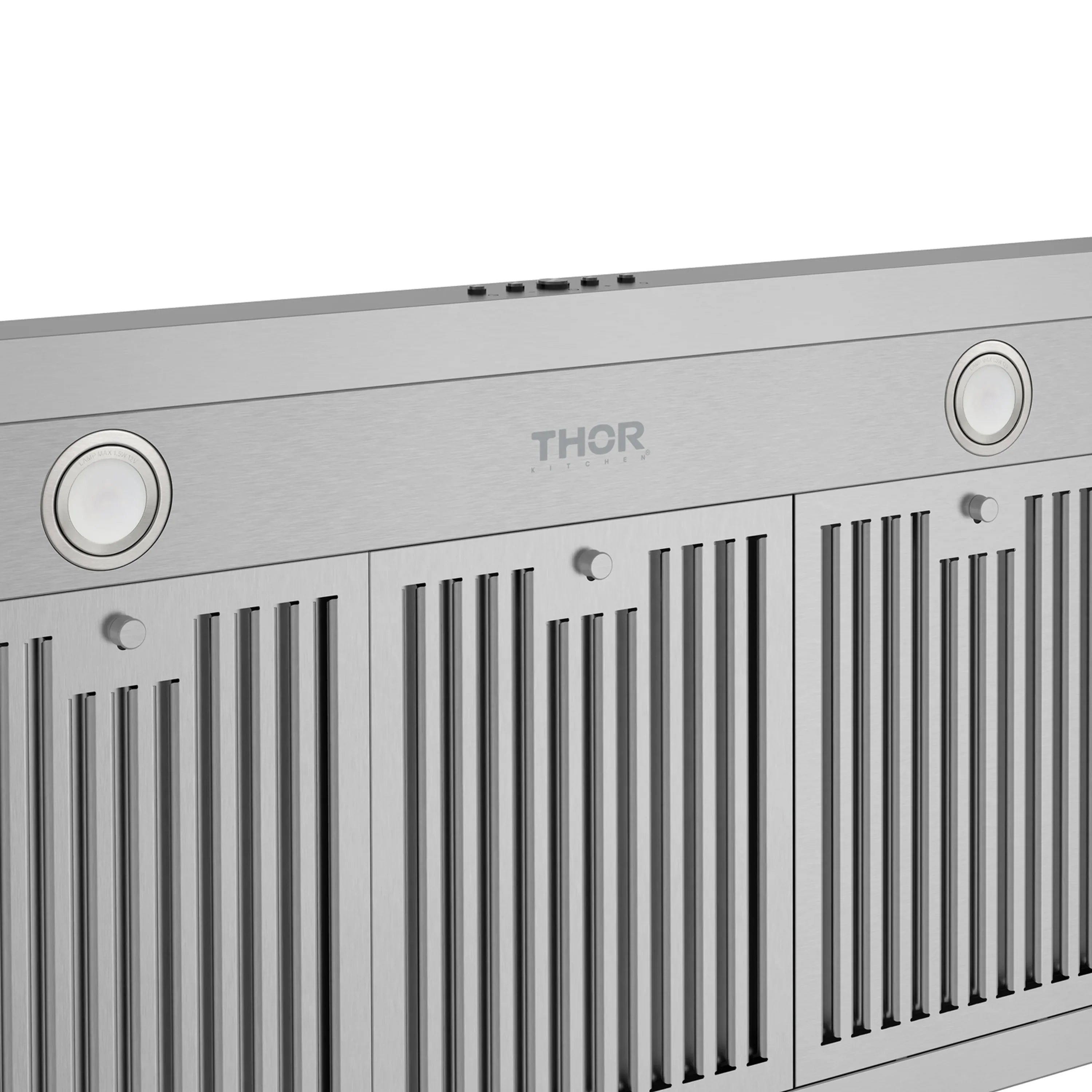 Stainless steel range hood front panel with THOR logo, round buttons, and vent slats