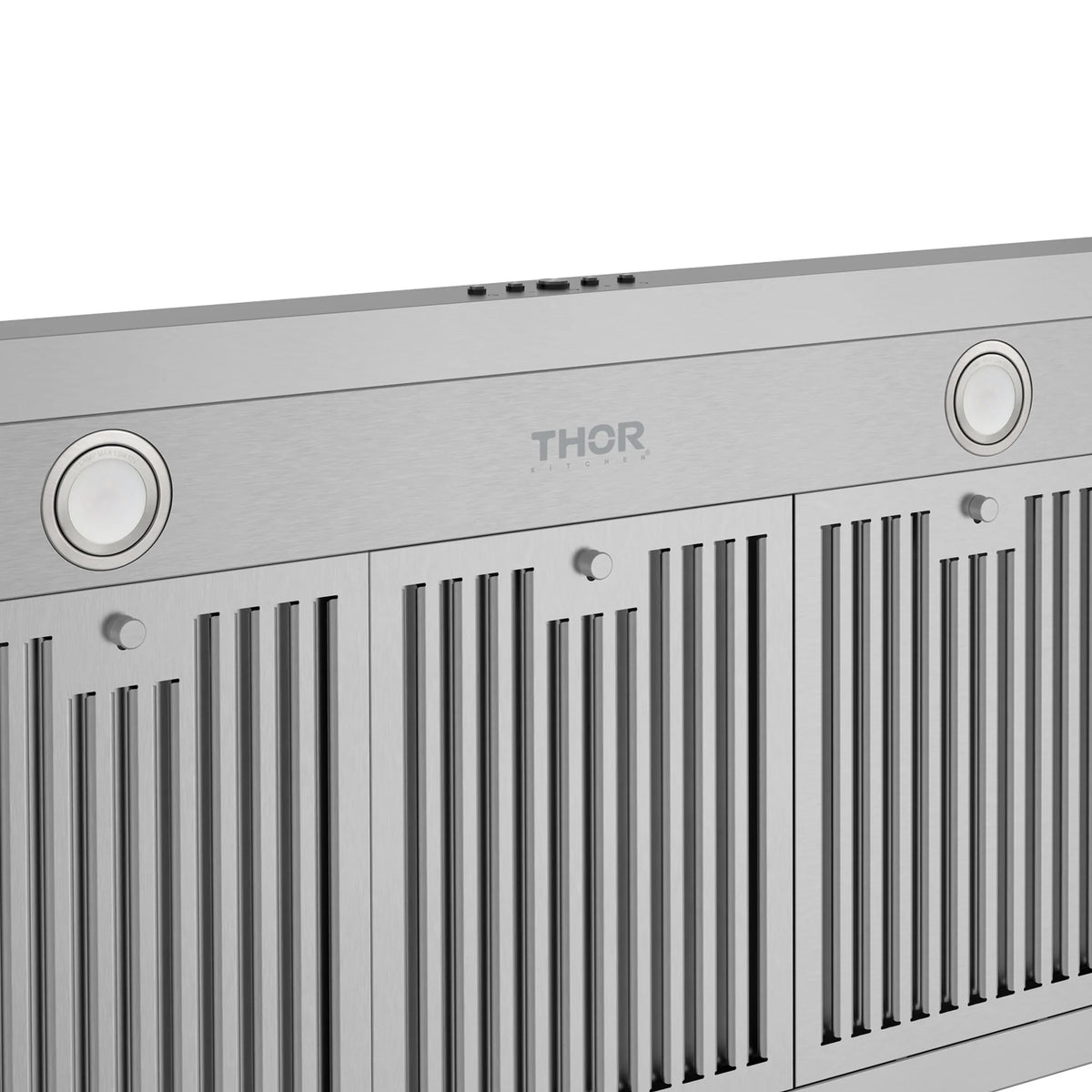 Stainless steel range hood front panel with THOR logo, round buttons, and vent slats
