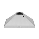 Stainless steel chimney range hood interior with mounted fan housing and control buttons