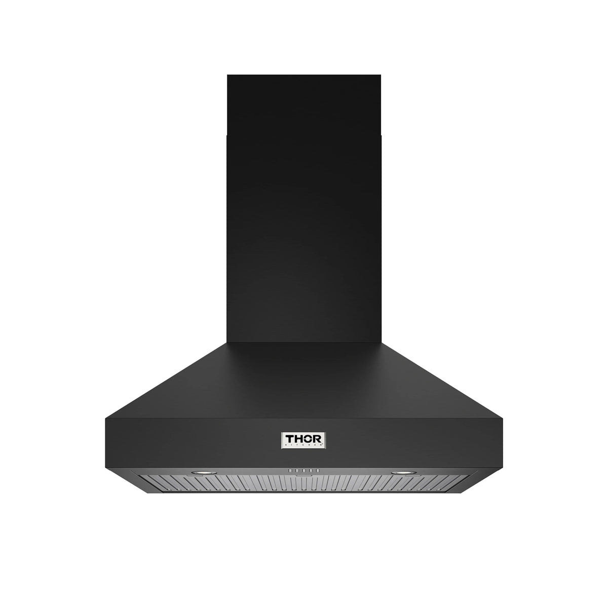 Black wall mount range hood with Thor logo on vented stainless grille