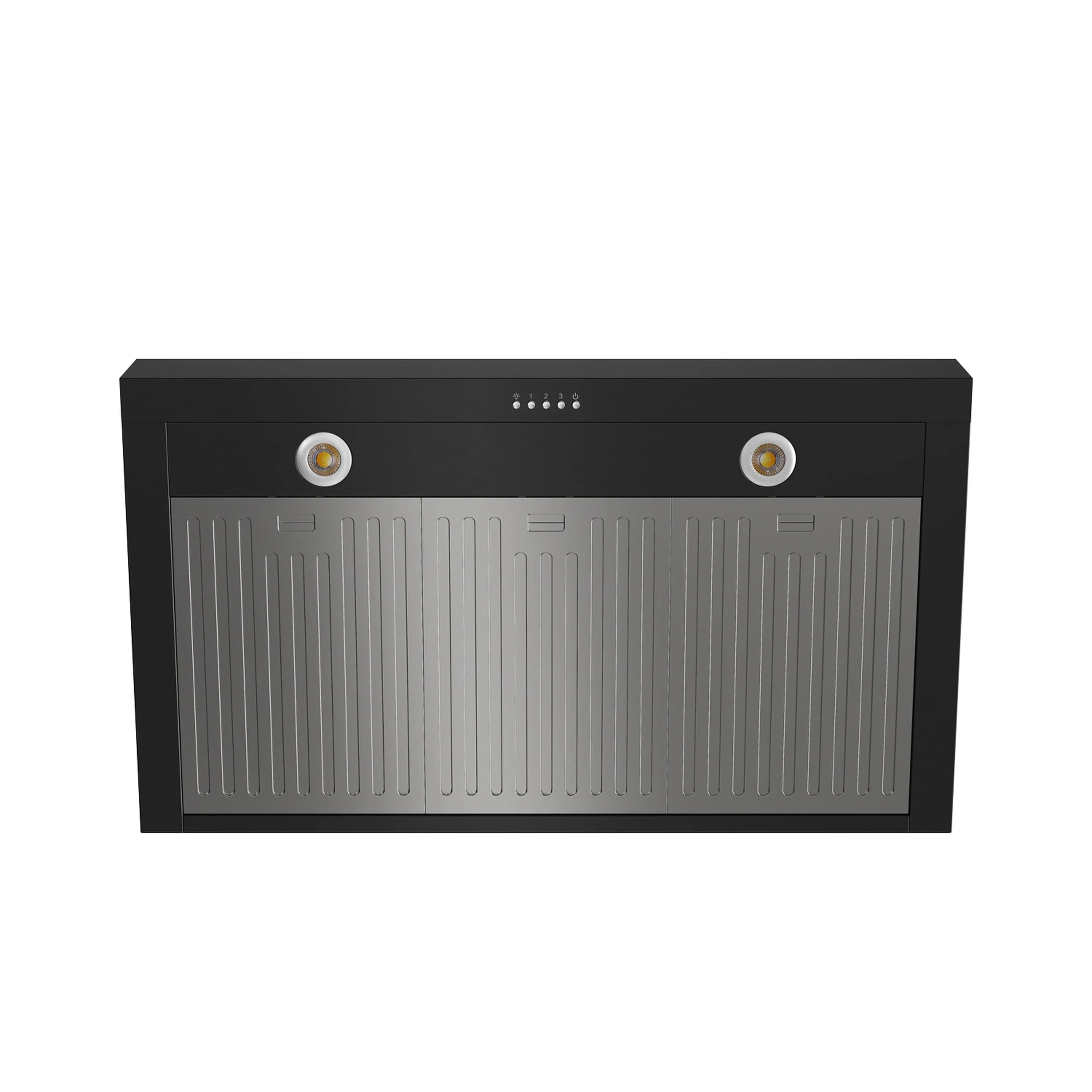 Black dishwasher with front panel and two circular control lights at top edge