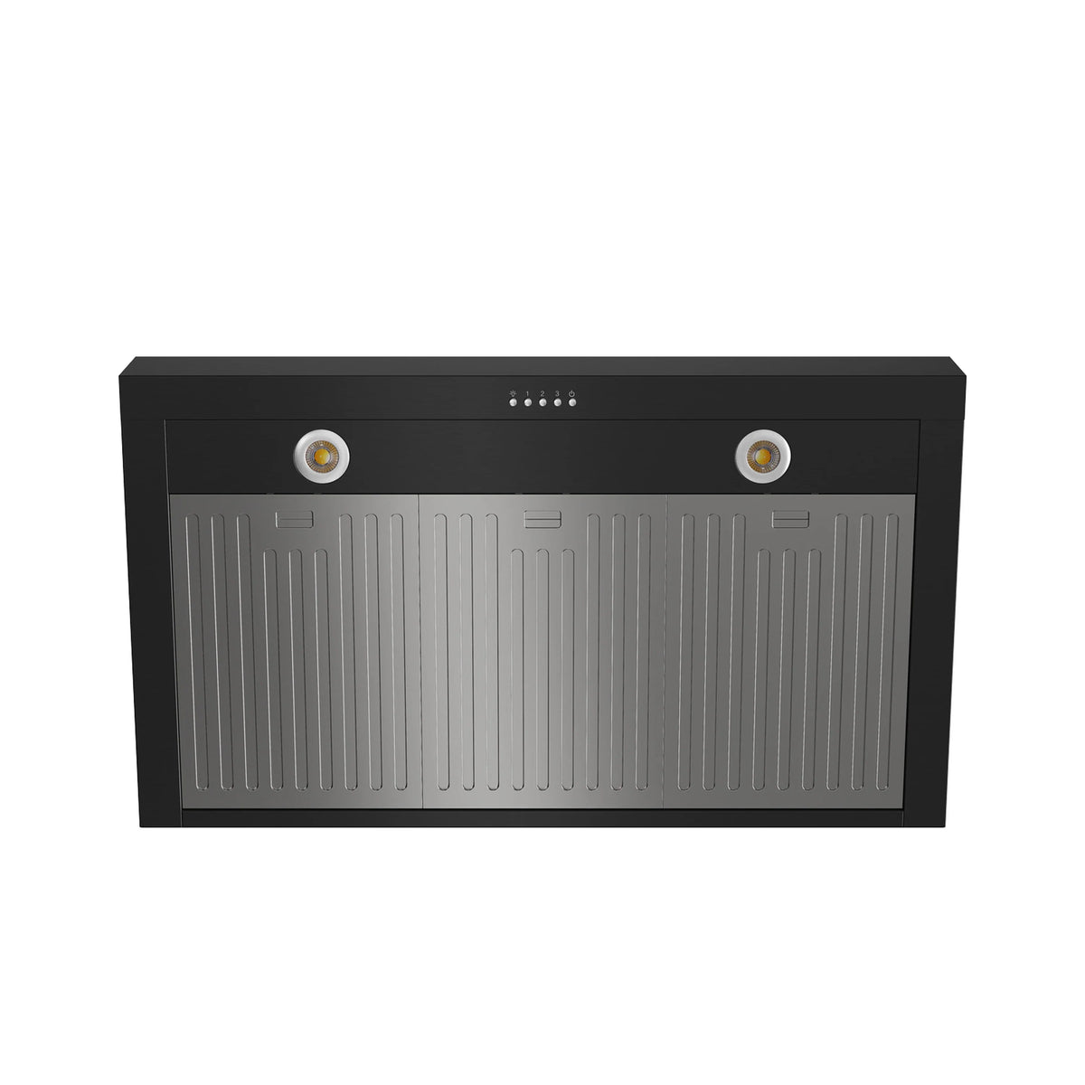 Black chimney-style range hood front with two circular lights and grille