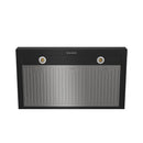 Black wall-mount range hood front panel with two top lights and vent grills