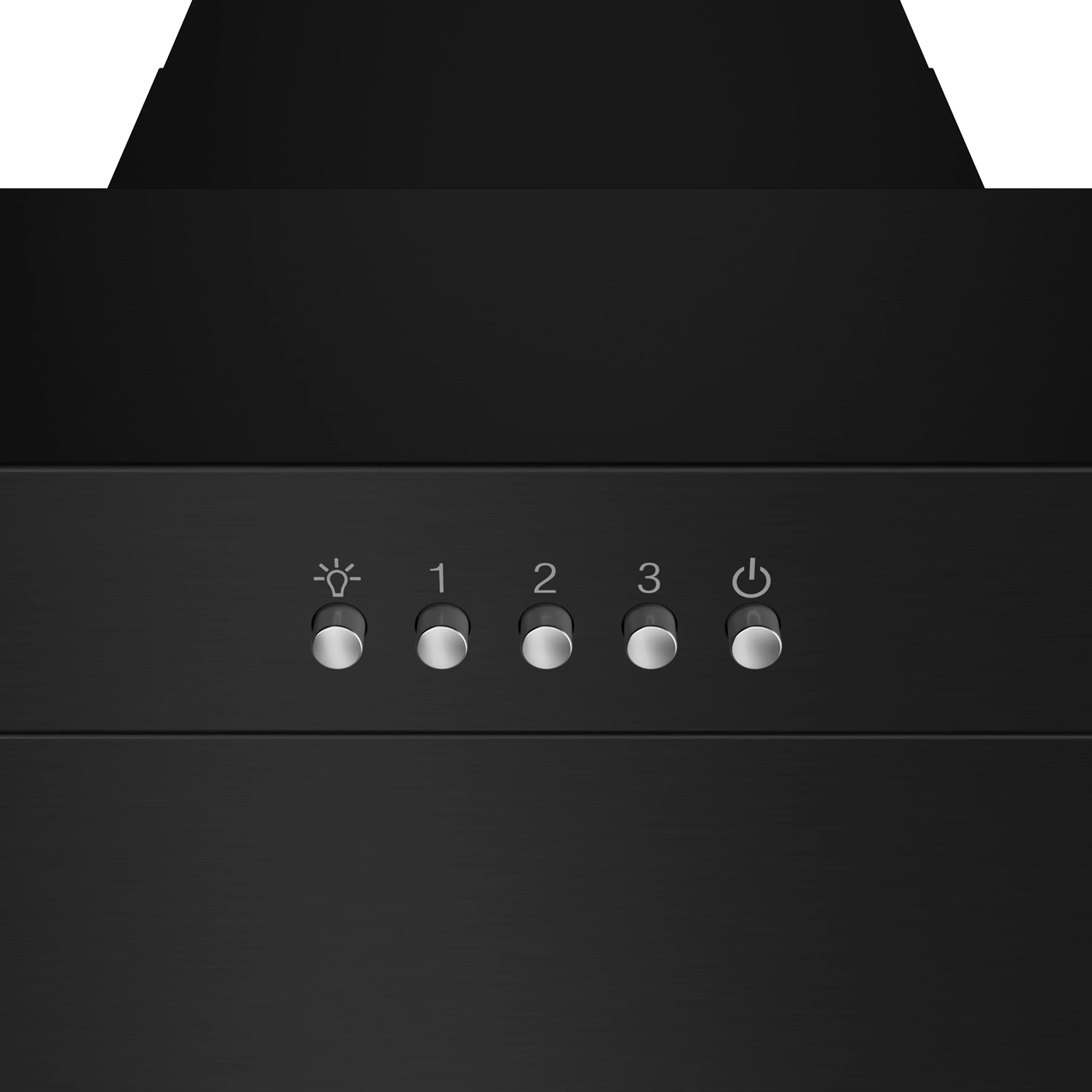Black range hood control panel with five knobs and power button