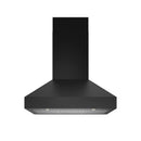 Black wall-mount range hood with wide canopy and LED grille vent strip