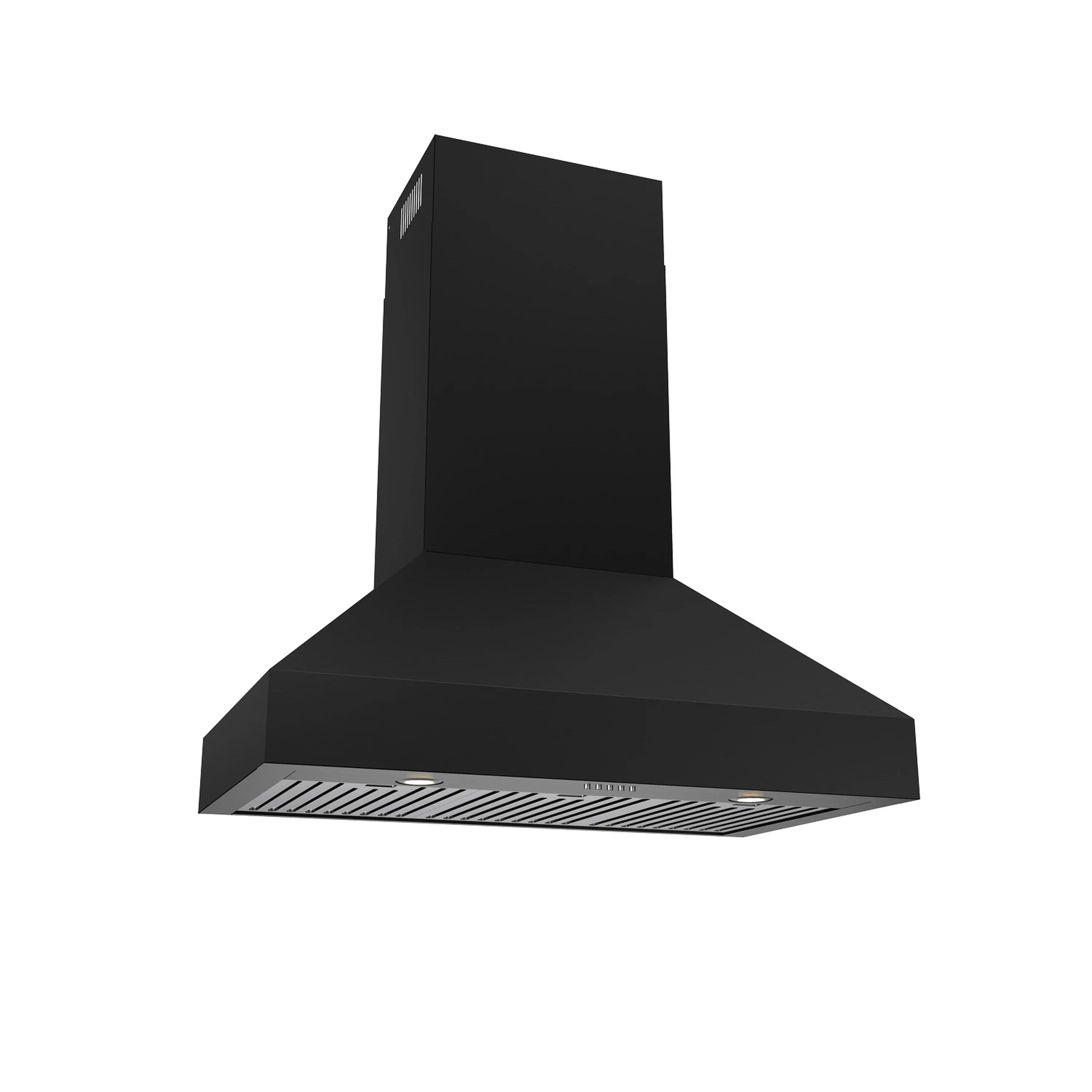 Black wall-mount range hood angled view, showing vented filter grille
