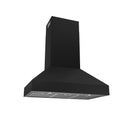 Black wall-mount range hood angled view with chimney and vent grille