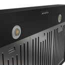Black range hood control section with round light and vertical vent slats