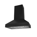Black wall-mount range hood side view with chimney and vent grille