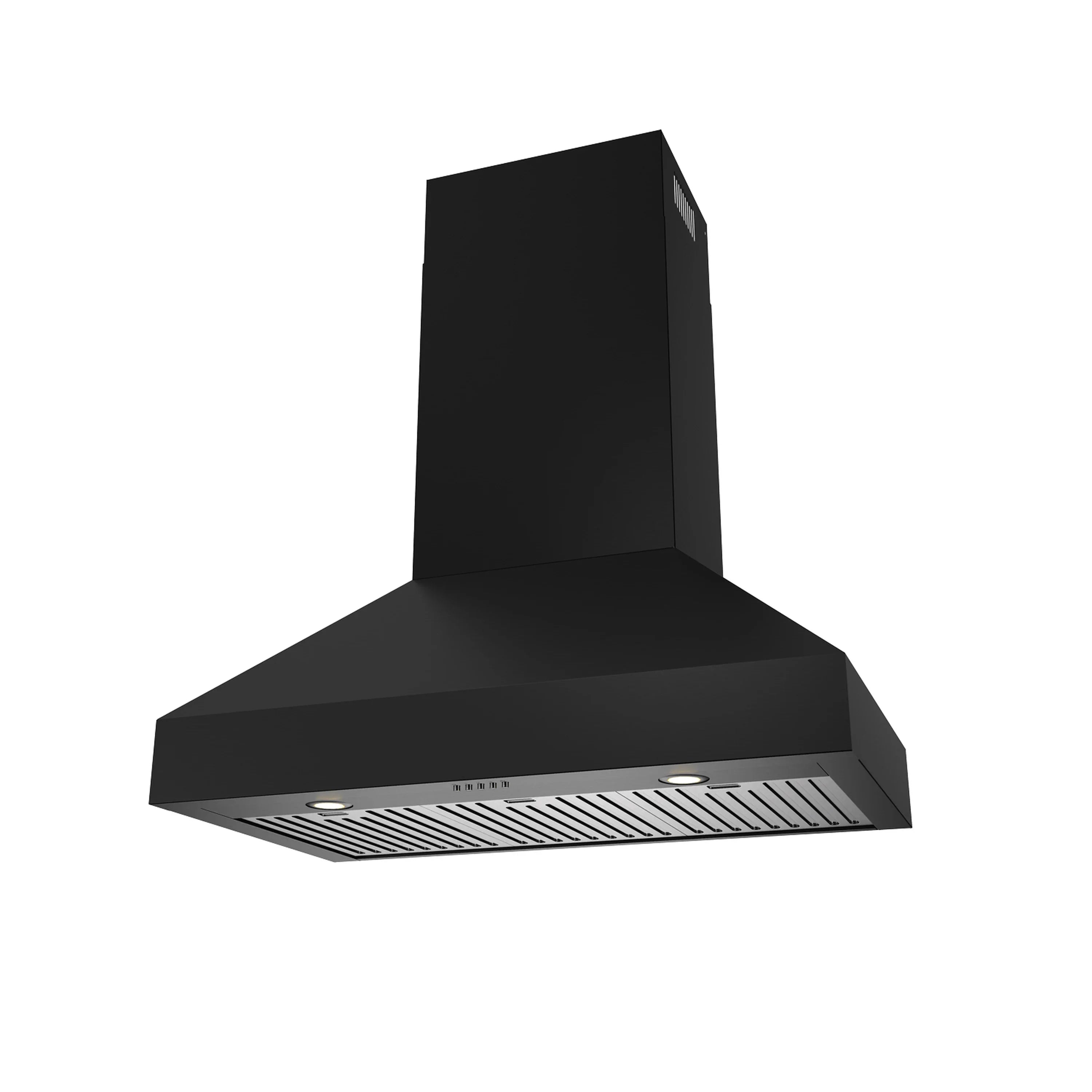 Black wall-mount range hood with vented filter area and chimney cover