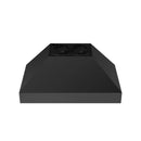 Black range hood top cover with two circular cooktop openings