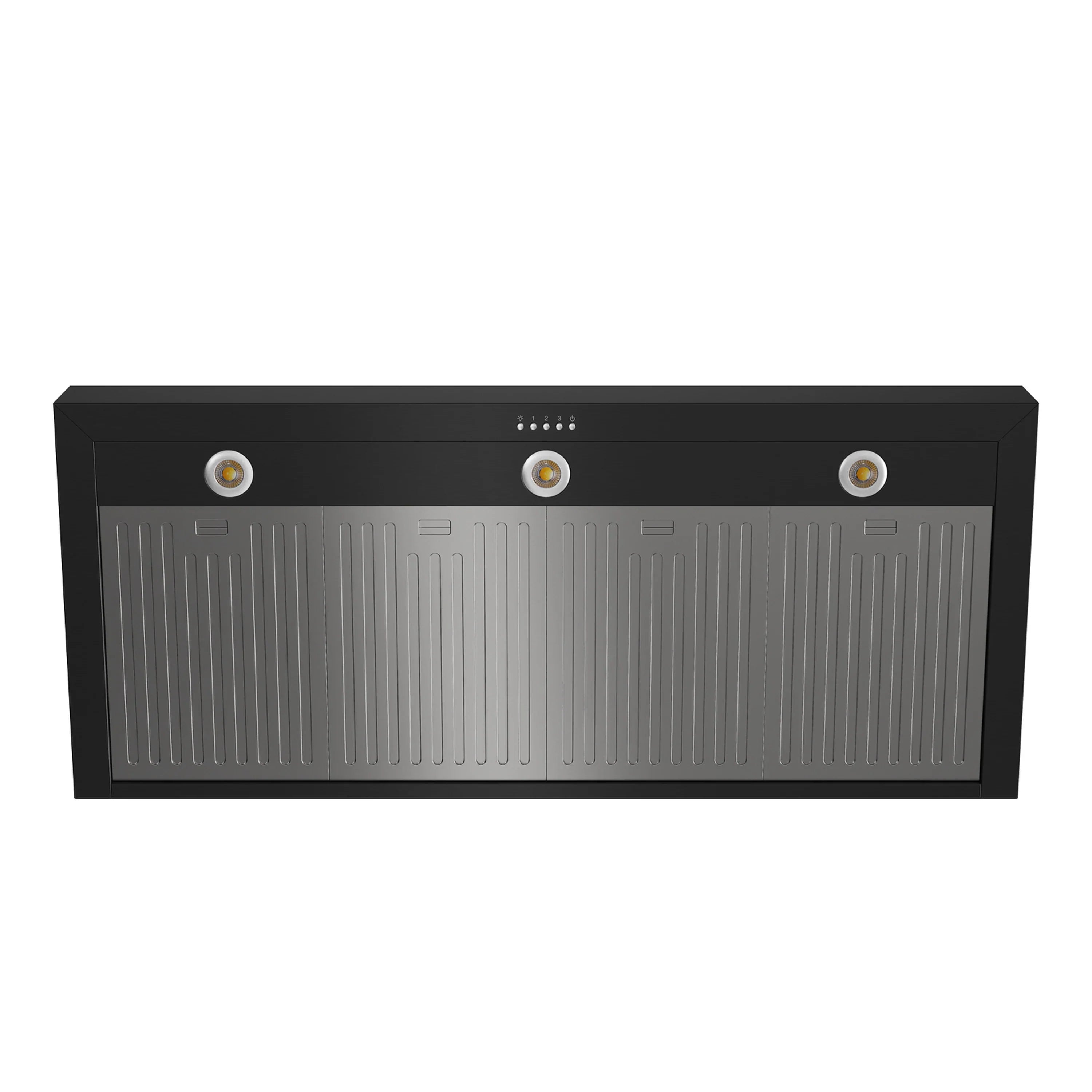 Black wall-mount range hood with bronze-trimmed circular controls and vent grille