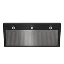 Black range hood underside with three round lights and ribbed filter panels