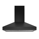 Black wall mount range hood with wide chimney and vented underside