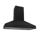 Black wall mount range hood, angled view showing chimney and vent grille