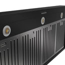 Black range hood side with circular light openings and vertical vent slats