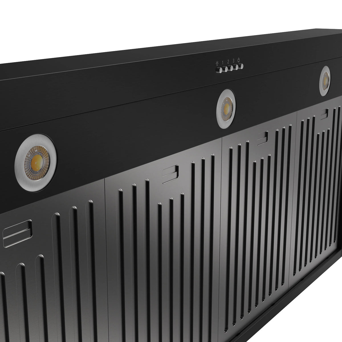 Black wall mount range hood side with air vents and round indicator lights