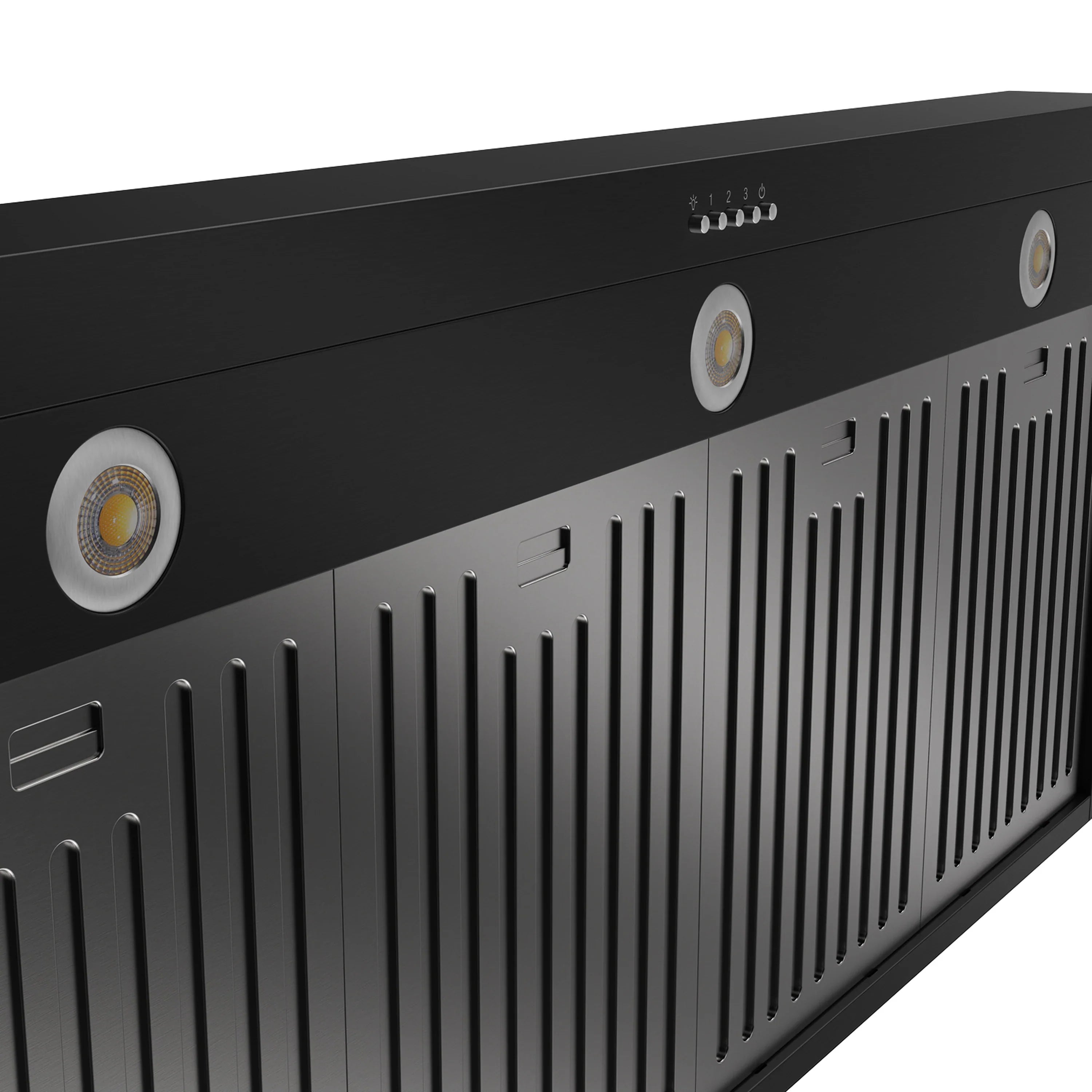 Black range hood side panel with vent slats and round light housings