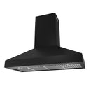 Black wall mount range hood with flat top canopy and vented lower panel