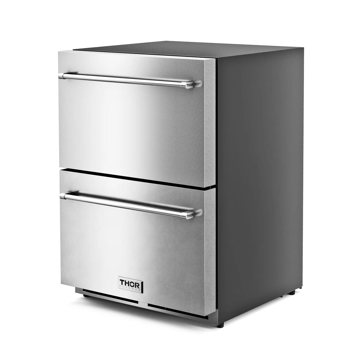 Stainless steel double freezer drawer with side view and chrome handle rails