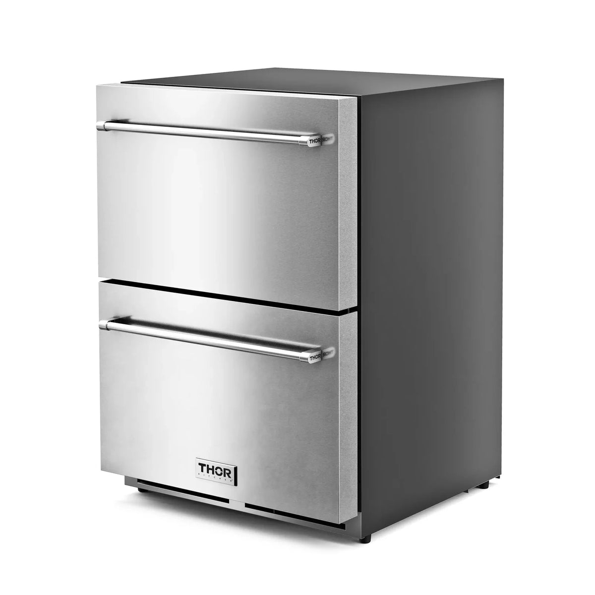 Stainless steel double-drawer refrigerator and freezer with bar handles and THOR logo