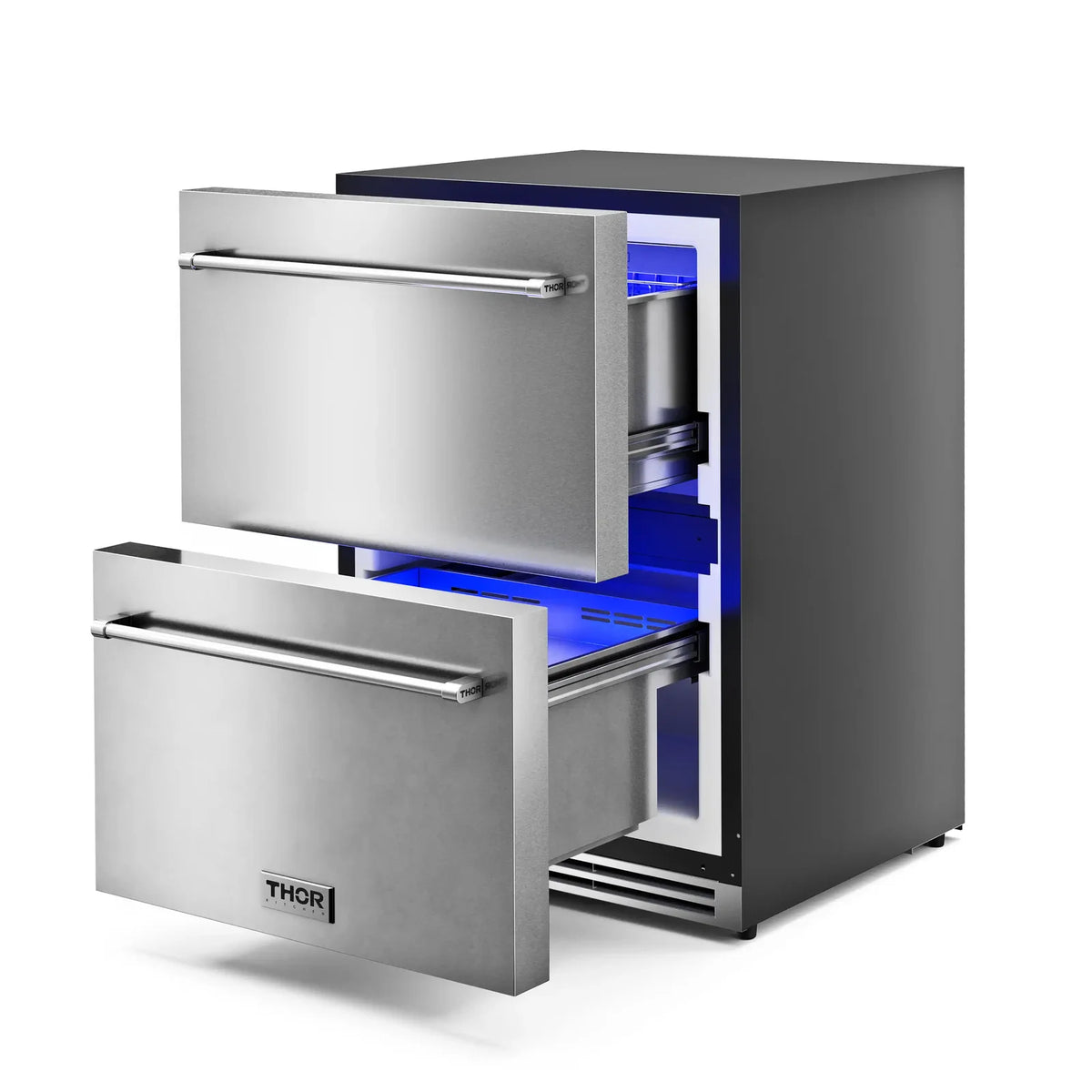 Stainless steel double-drawer unit with front compartments open, revealing blue interior