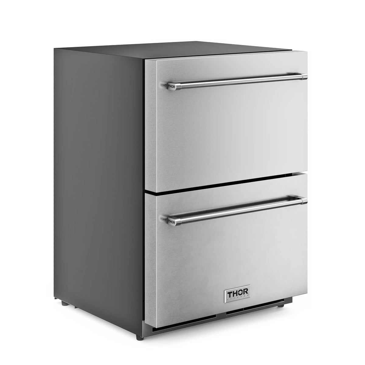 Stainless steel double freezer drawer with chrome handles and THOR front badge