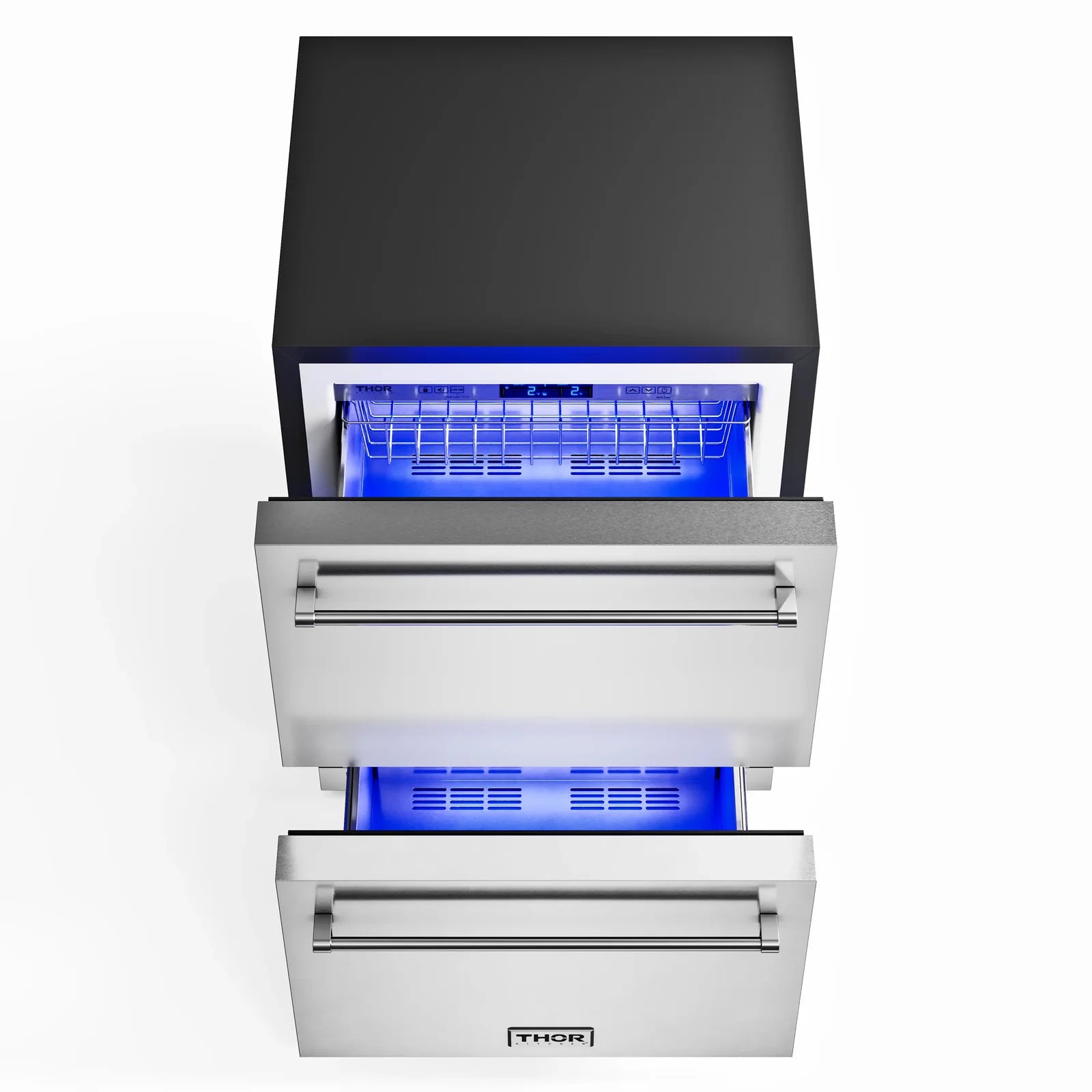 Thor stainless steel double drawer refrigerator/freezer with both drawers open and blue lights