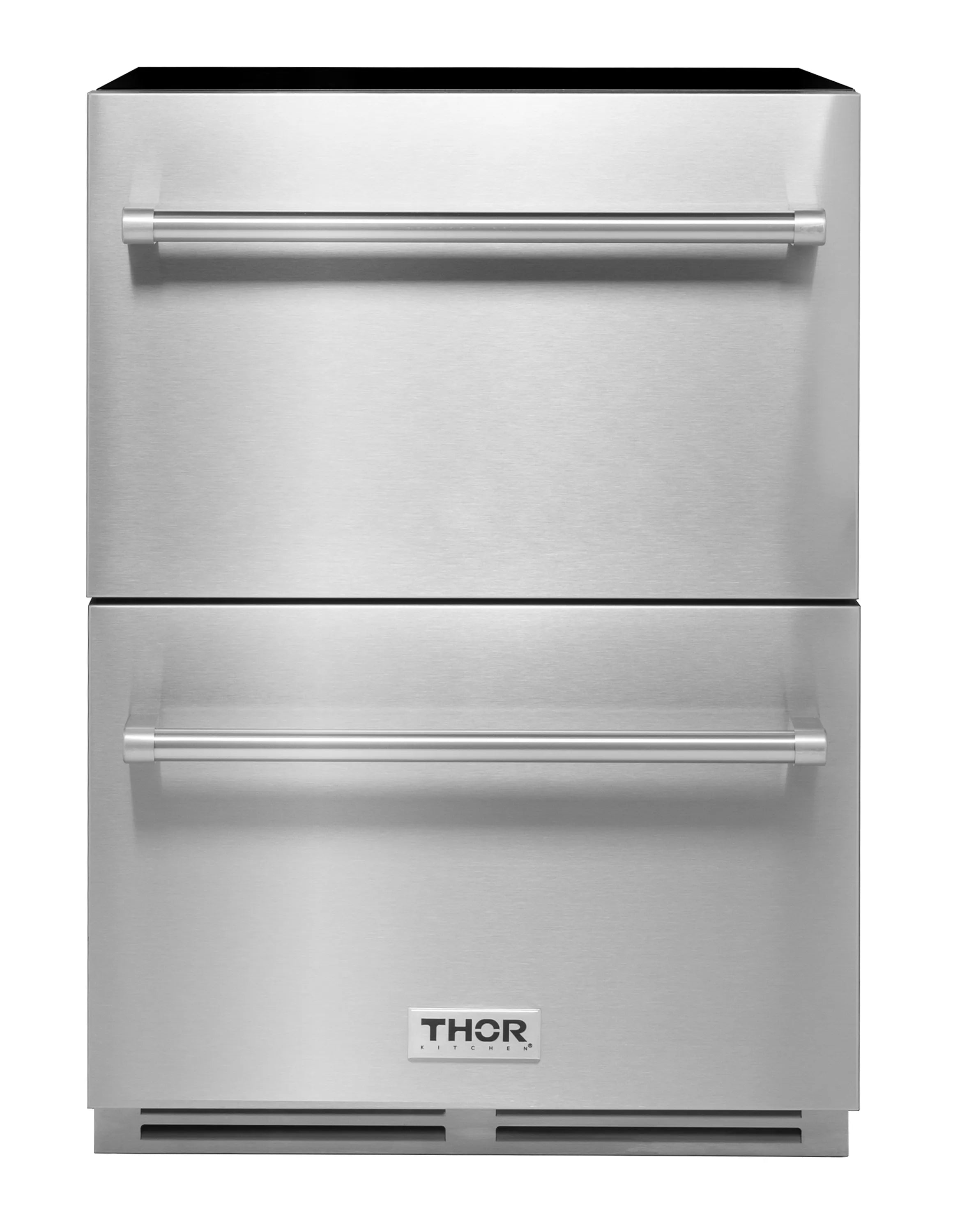 Stainless steel double freezer drawer with two stacked fronts and THOR logo