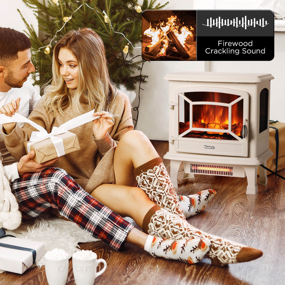 Ivory electric fireplace stove heater with flame window and front heater vent