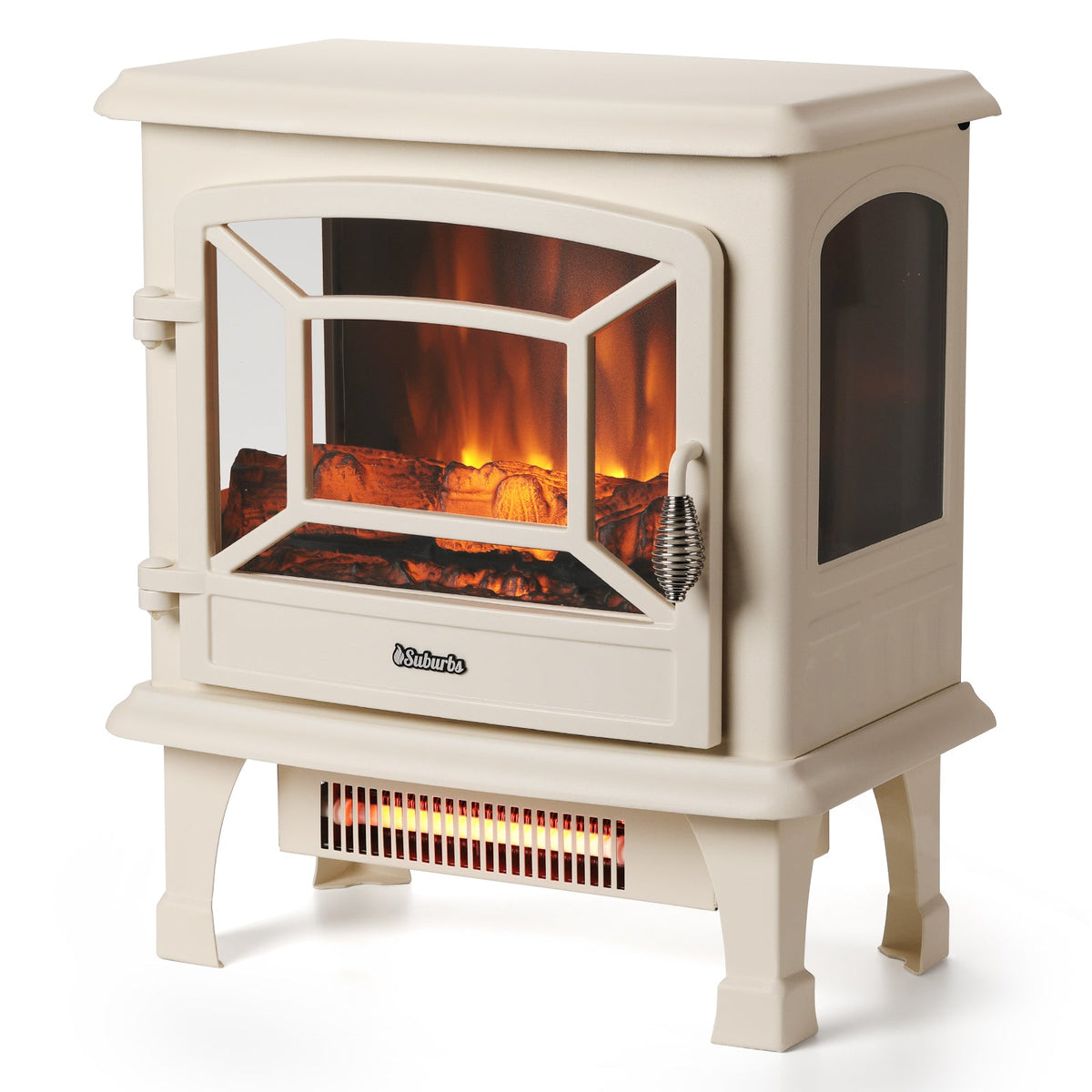 Ivory electric fireplace stove heater with flame window and mesh log screen