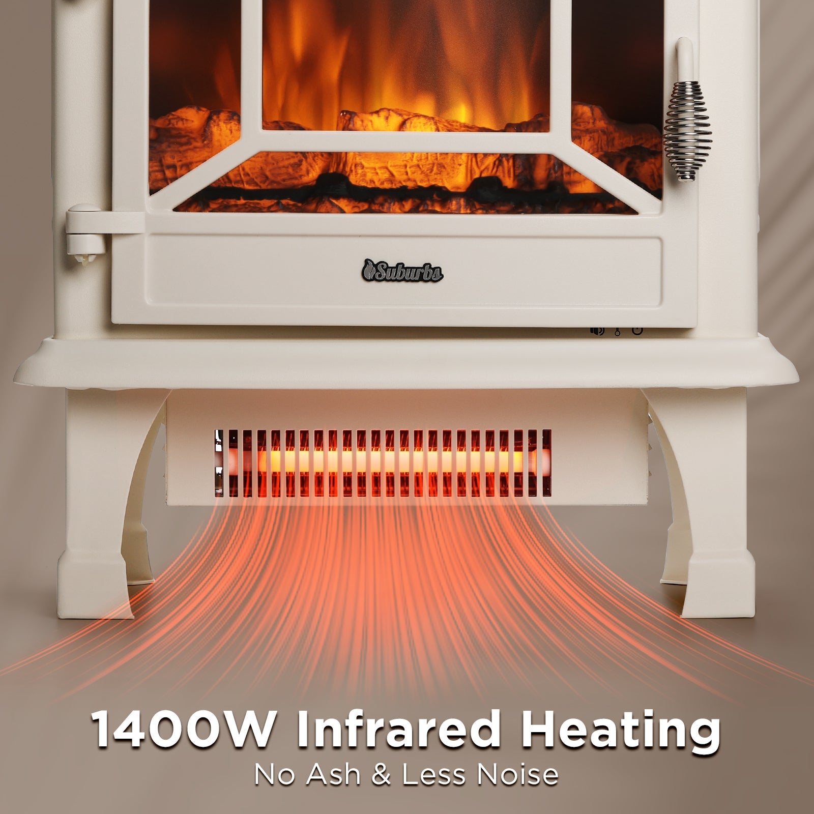 Ivory electric fireplace stove heater close-up of front vent and glowing heat