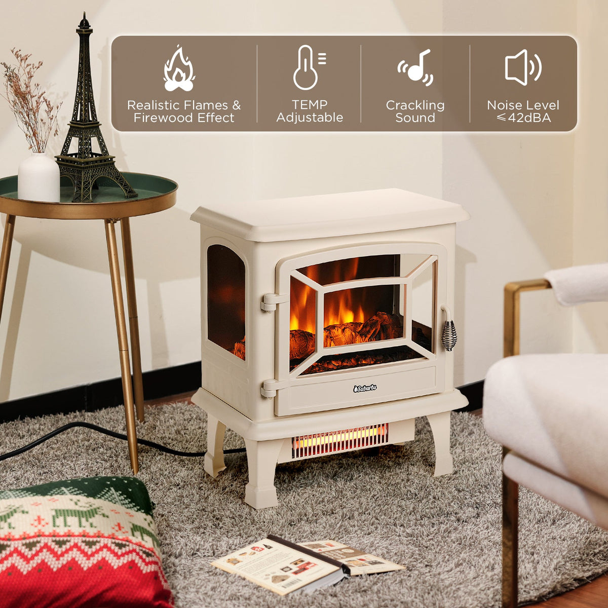 Ivory electric fireplace stove heater with glass viewing window and realistic flame effect
