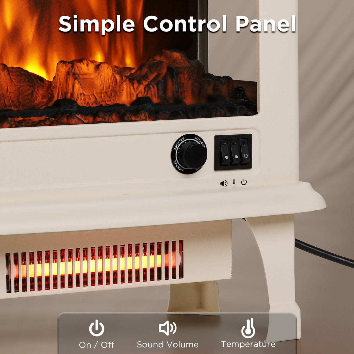 Ivory electric fireplace stove heater control panel with temperature and sound volume buttons
