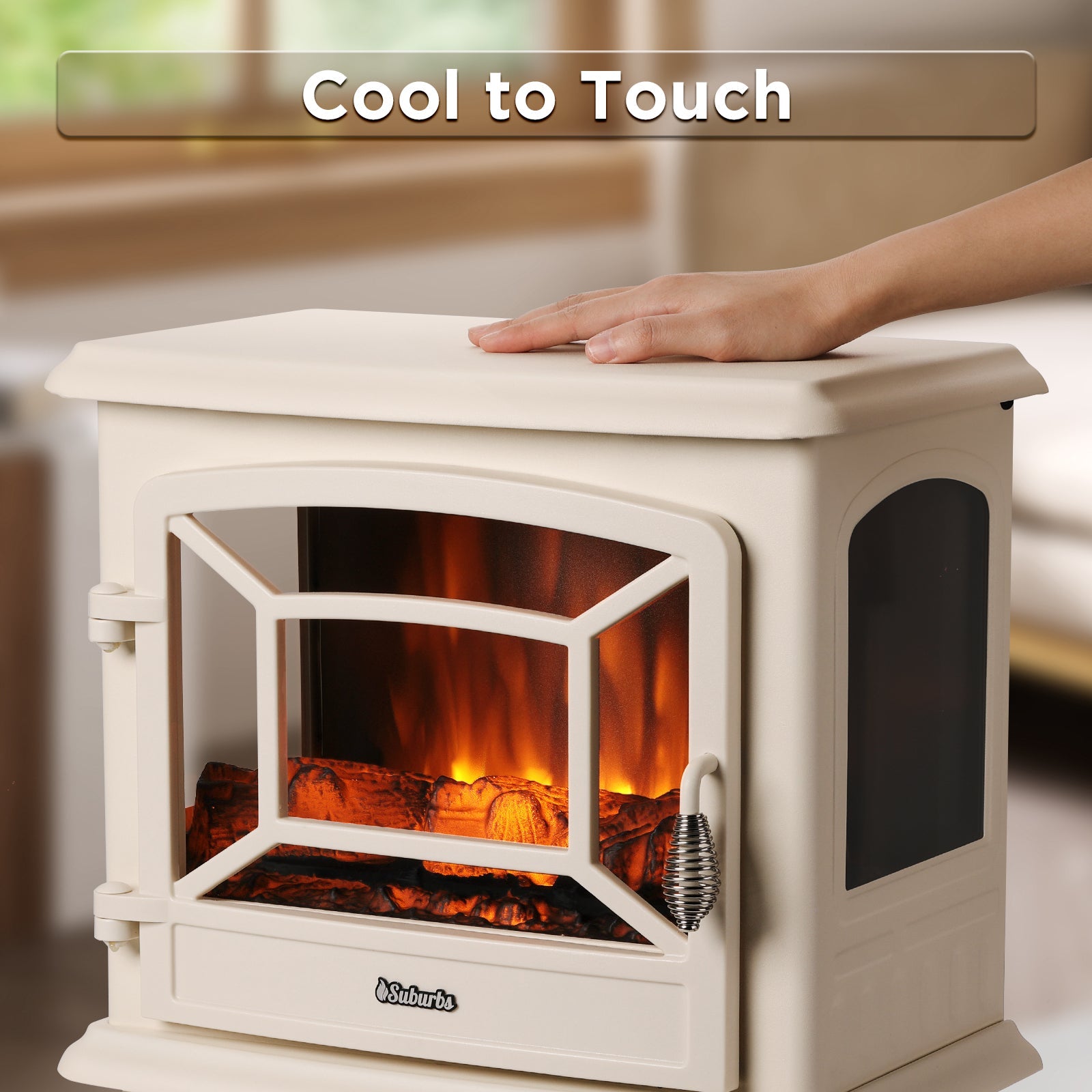 Ivory electric fireplace stove heater with front flame window and flat top surface