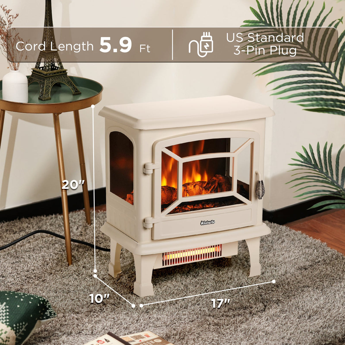 Ivory electric fireplace stove heater with front flame window and side air vents