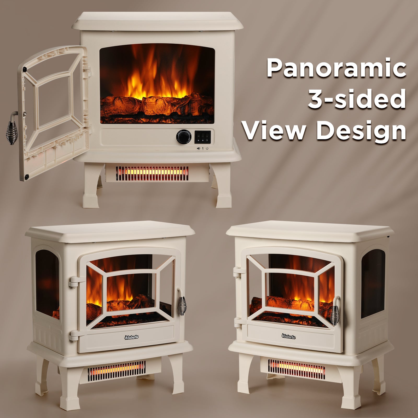 Ivory electric fireplace stove heater with panoramic three-sided glass flame view