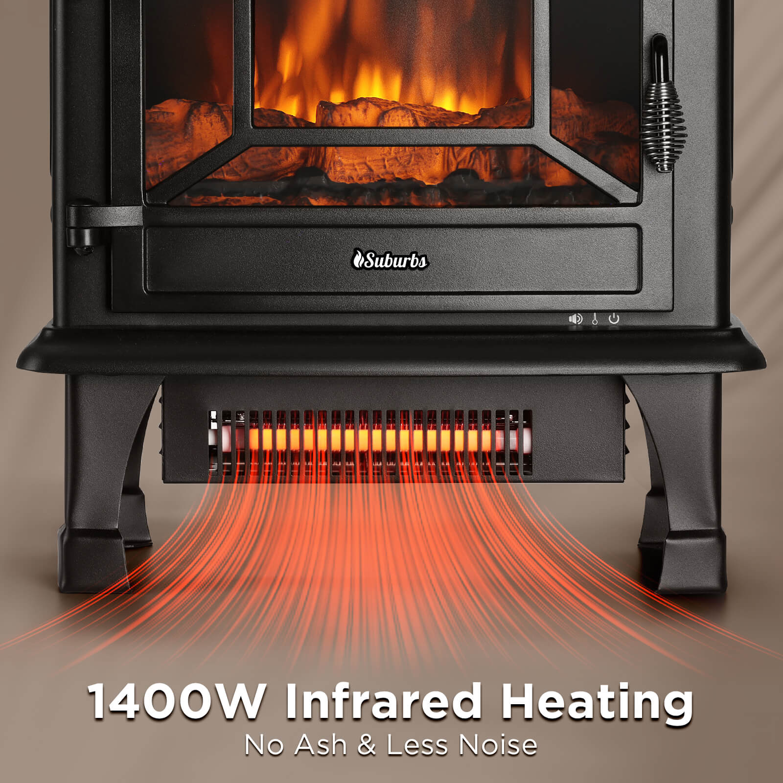 Black electric fireplace stove heater close-up of front panel and heating vent