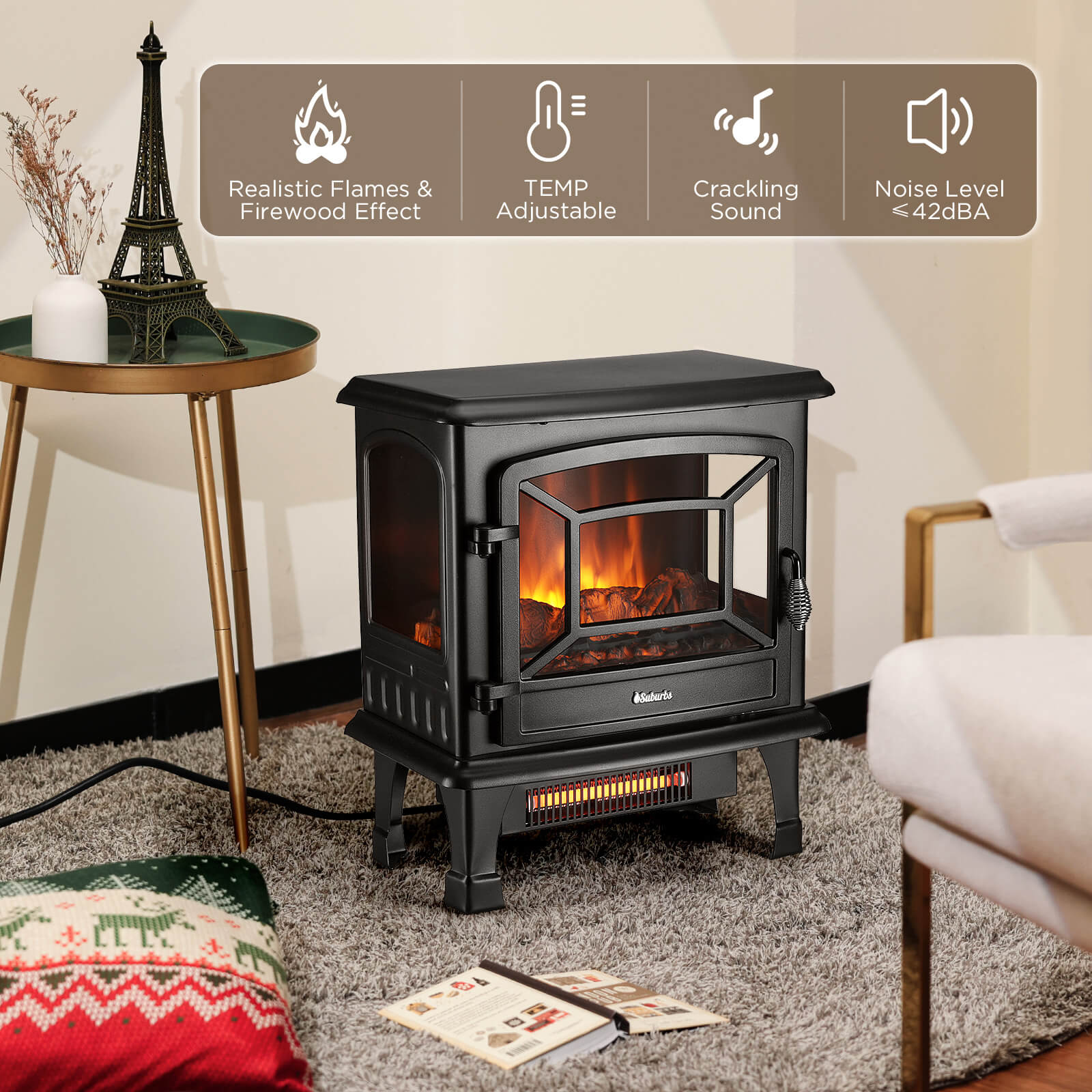 Black electric fireplace stove heater with flame window and side door panel