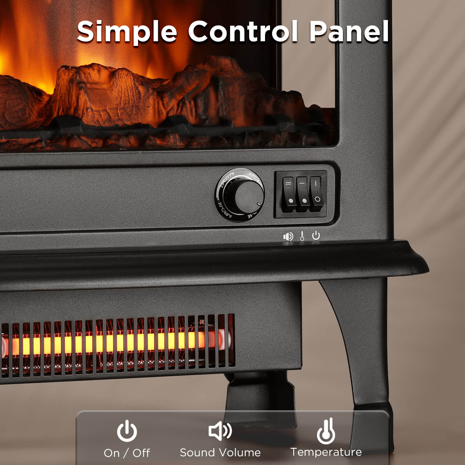 Black electric fireplace stove heater control panel with knob and buttons