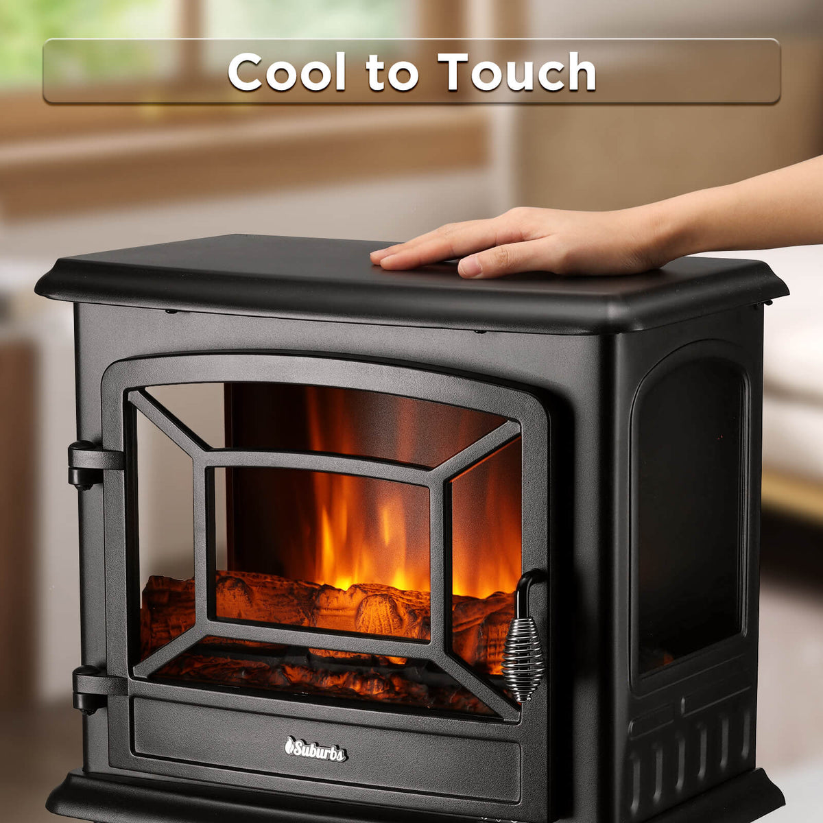 Black electric fireplace stove heater with flame window and smooth top surface