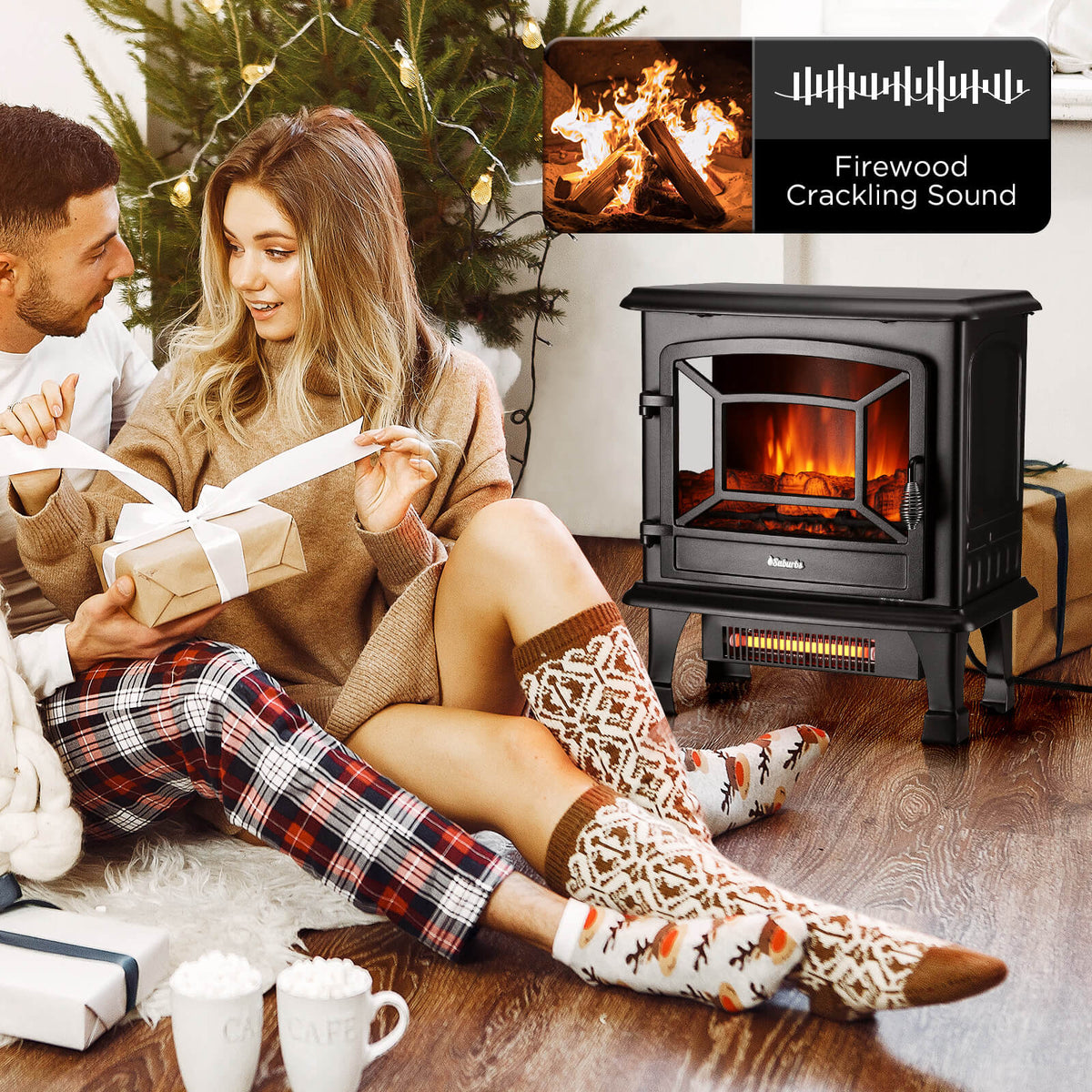 Black electric fireplace stove heater with flame window and front heater vent