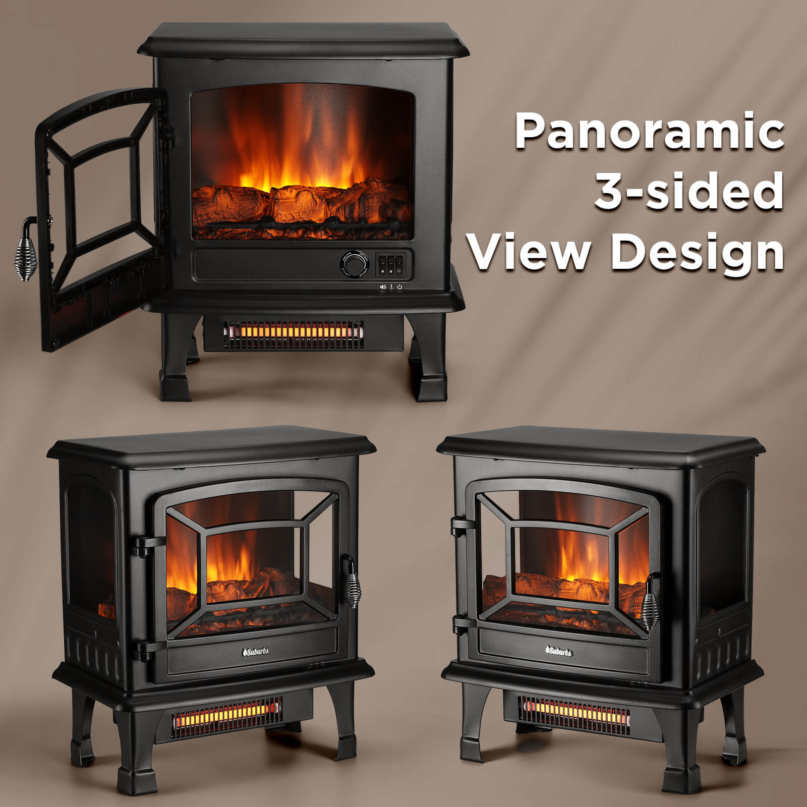 Black electric fireplace stove heater with three-sided panoramic flame view