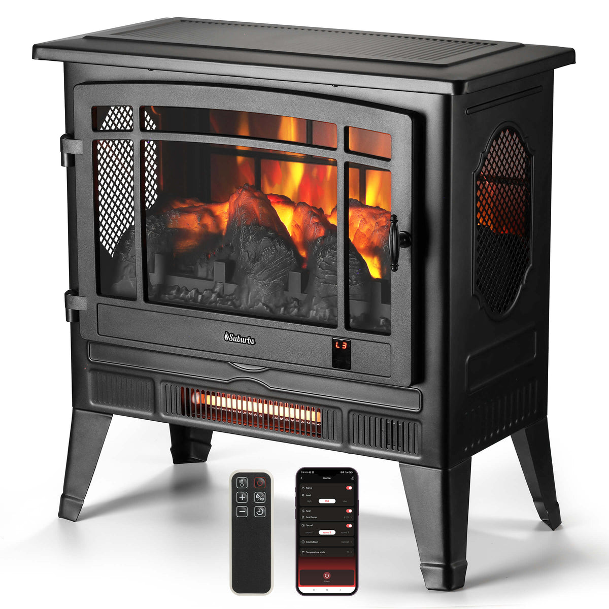 Black electric fireplace stove with panoramic glass front and glowing flame effect
