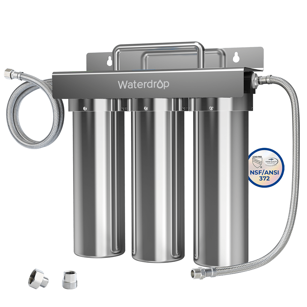 Stainless under-sink filtration system with four canisters and flexible inlet/outlet hoses