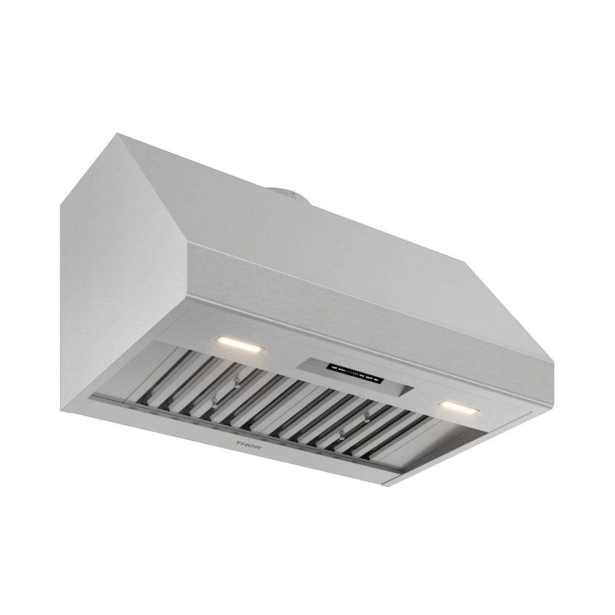 Stainless steel under-cabinet range hood with vent grille and two lights