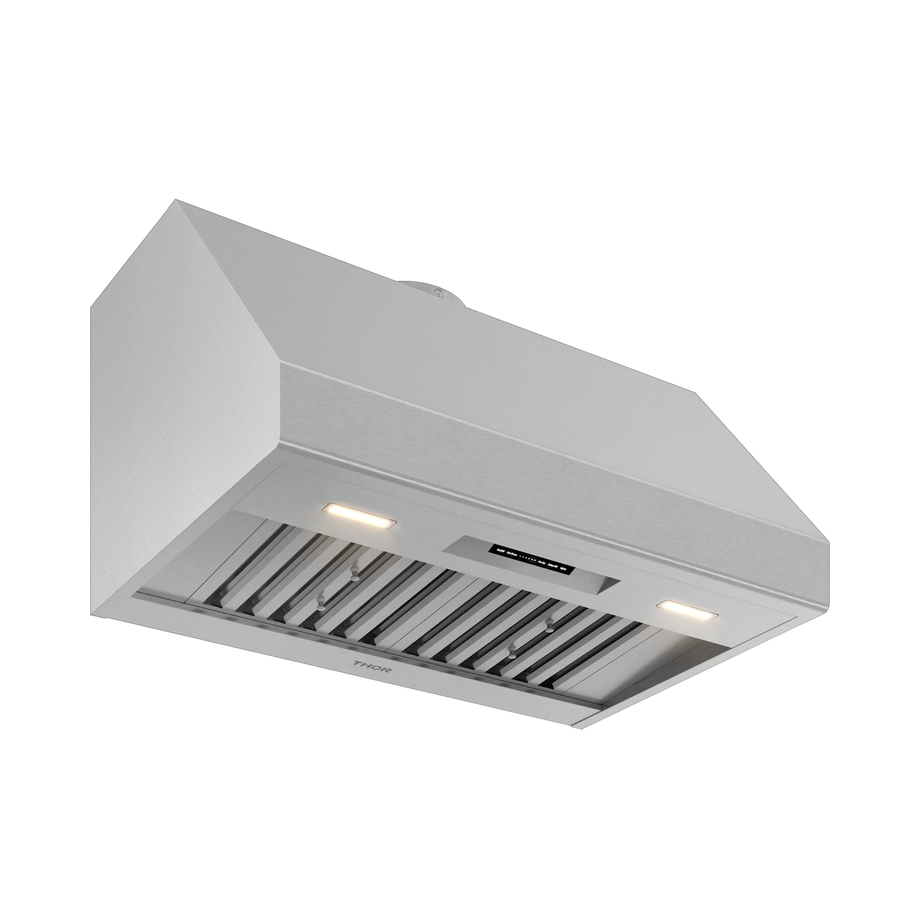 Stainless steel range hood angled view showing vent grille and LED lights