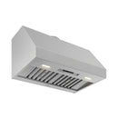 Stainless steel under-cabinet range hood with vent grille and two halogen-style lights