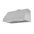 Stainless steel range hood with underside vent baffle and integrated lights